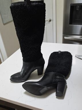 Ugg Ava Exposed Black Faux Shearling High Heel Knee Boots Size 8.5